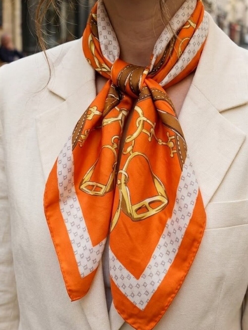 Silk-Feel Orange Equestrian Print Neck Scarf